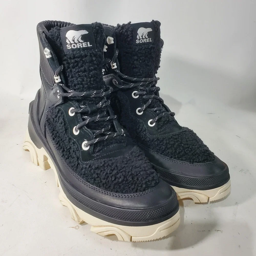 Sorel Boots Womens 9.5 Black White Shearling Brex Cozy Chunky Heel Lug Sole